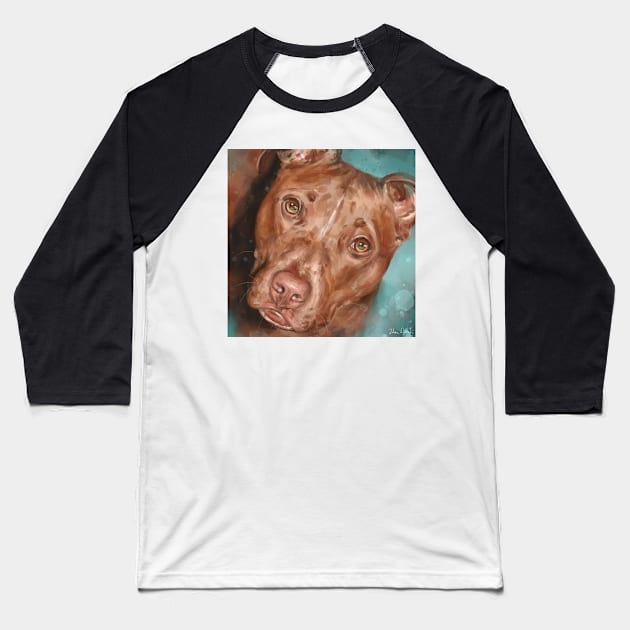 Painting of a Beautiful Red Nose Pit Bull With Soulful Eyes, on Bluish Green Background Baseball T-Shirt by ibadishi